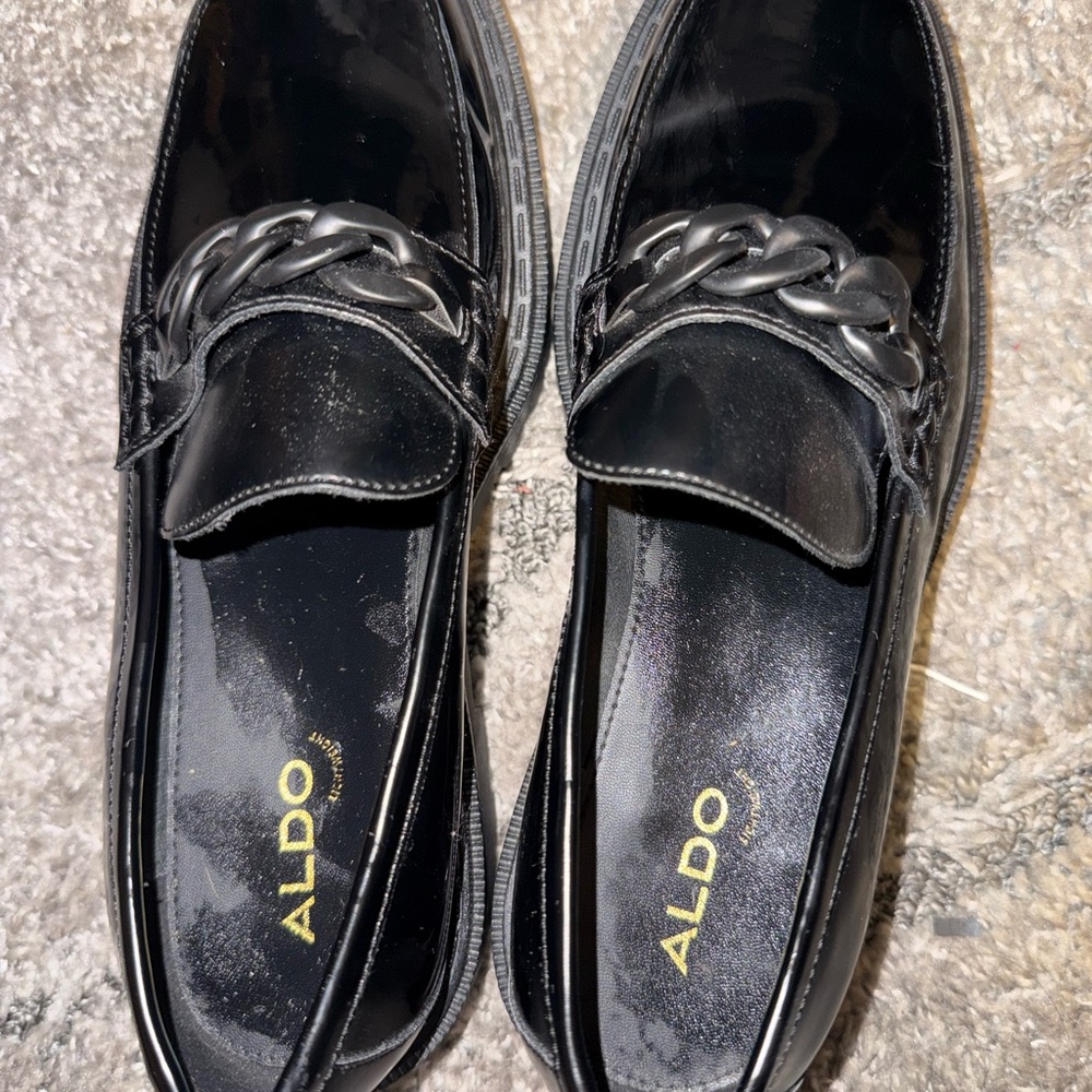 Aldo Shiny Black Loafers with Chain Accent